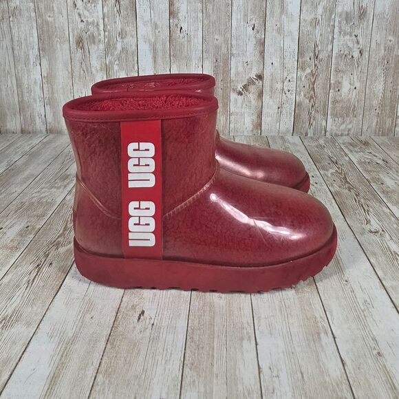 UGG Classic Clear Mini Red Rain Boots‎ Waterproof Winter Ankle Booties Size 6 - Picture 1 of 8
